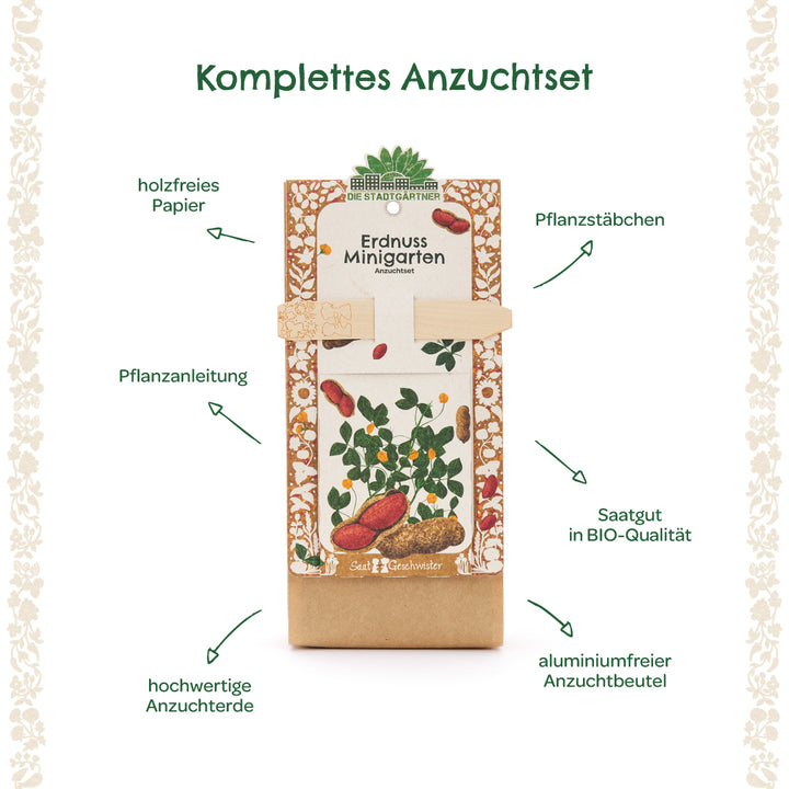 Komplettes Anzuchtset für Erdnüsse mit Pflanzanleitung, Pflanzstäbchen, Bio-Saatgut, hochwertiger Anzuchterde, holzfreiem Papier und aluminiumfreiem Anzuchtbeutel.