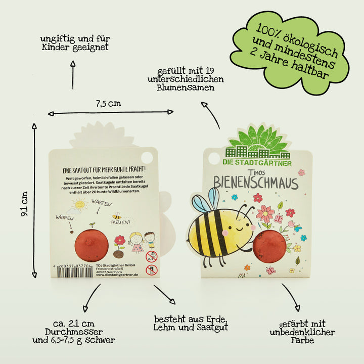 Zwei bunte Verpackungen mit bienenfreundlichem Saatgut, illustriert mit einer Biene und Blumen, sowie verschiedenen Beschriftungen zu Größe, Inhalt, Nutzen und Nachhaltigkeit auf Deutsch.