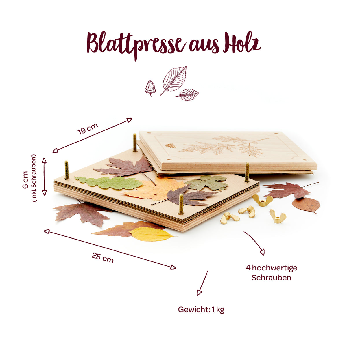 Holz-Blattpresse mit bunten Blättern, vier Schrauben und Maßen 25 x 19 x 6 cm, Gewicht 1 kg.