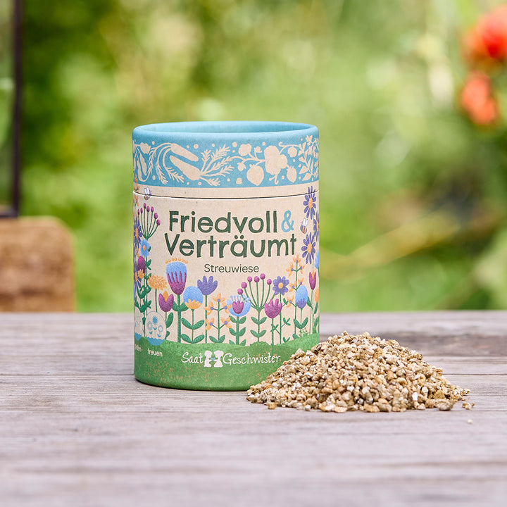Bunte Saatgutdose mit der Aufschrift "Friedvoll & Verträumt Streuwiese" und einem Haufen Blumensamen auf einem Holztisch im Freien.