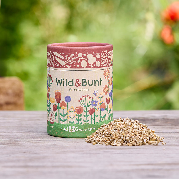 Dose mit der Aufschrift "Wild & Bunt Streuwiese" und illustrativen Blumenmotiven, daneben ein kleiner Haufen Samen, auf einem Holztisch im Freien.