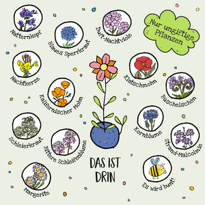 Illustration von verschiedenen ungiftigen Blumenarten mit ihren deutschen Namen im Kreis, darunter Natternkopf, Kalifornischer Mohn, Kornblume und Margerite; in der Mitte eine gezeichnete Blume in einer Vase, Text: „Nur ungiftige Pflanzen“ und „Das ist drin“.