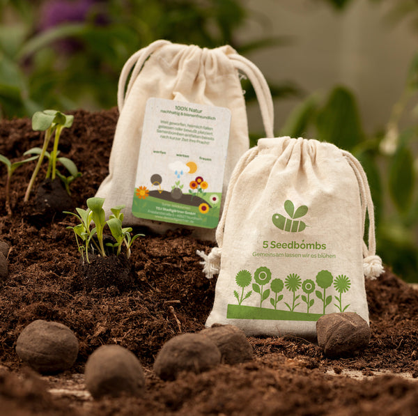 5 zaadbommetjes in een bedrukt katoenen zakje