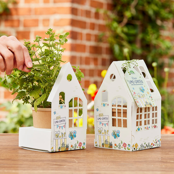 Zwei dekorative Pflanzhäuschen mit Kräutertopf, eine Hand pflückt Blätter; im Hintergrund eine Backsteinmauer und Garten.