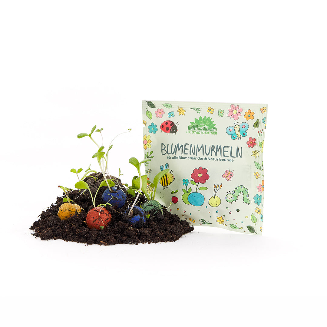 Ein Beutel mit der Aufschrift "Blumenmurmel" steht hinter einer Erde mit bunten Samenbällen und sprießenden Pflänzchen.