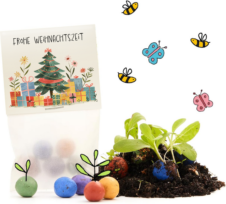 Weihnachtliche Geschenkverpackung mit Weihnachtsbaum und Geschenken, daneben bunte Samenbälle, Erde, junge Pflanzen sowie gezeichnete Bienen und Schmetterlinge.