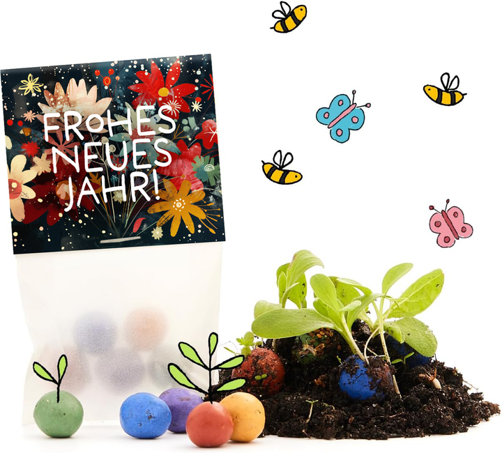 Beutel mit der Aufschrift "Frohes neues Jahr!", bunte Saatkugeln, Erde mit jungen Pflanzen, Illustrationen von Bienen und Schmetterlingen.