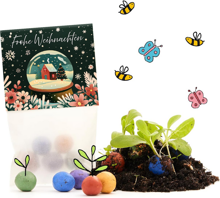 Tüte mit der Aufschrift "Frohe Weihnachten", bunten Samenbomben, Erde, sprießenden Pflanzen und gezeichneten Bienen und Schmetterlingen.