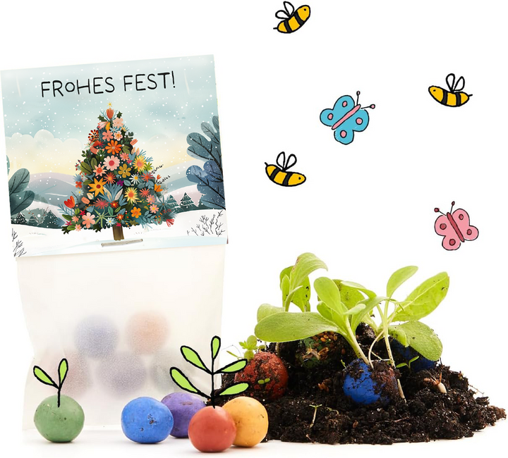 Tüte mit bunten Samenbomben, Pflänzchen, Erde, gezeichneten Bienen und Schmetterlingen sowie einer Karte mit Blumenbaum und „Frohes Fest!“-Gruß.