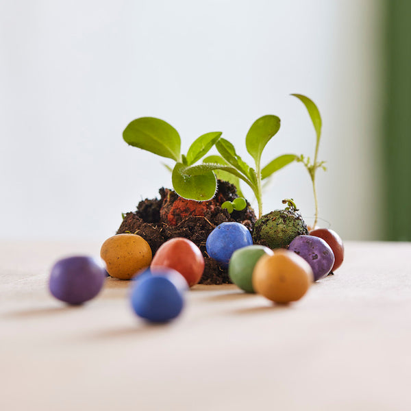 Mehrere bunte Samenbomben und kleine grüne Pflanzen auf einem hellen Untergrund.
