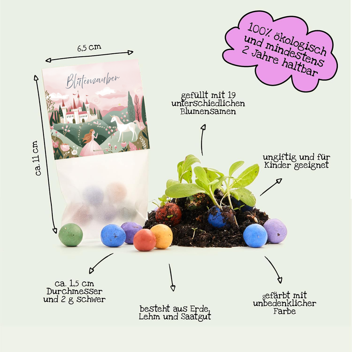 Tüte mit märchenhaftem Design, gefüllt mit bunten Samen-Bällchen, daneben Pflanzen, Erde und Beschriftungen zu ökologischen, kindersicheren Eigenschaften und Inhaltsstoffen.