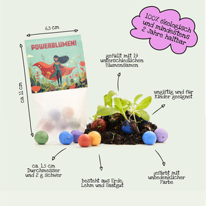 Eine Tüte mit der Aufschrift „Powerblumen!“, umgeben von bunten Samenbällen und blühenden Pflanzen, mit Beschreibungen zu Größe, Sameninhalt, ökologischer Verträglichkeit, Kindersicherheit und Zutaten.