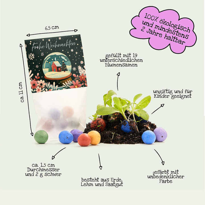 Tüte mit der Aufschrift "Frohe Weihnachten" enthält bunte Seedballs aus Erde, Lehm und Saatgut, daneben einige Seedballs und Keimlinge; mit deutschen Beschriftungen zu Größe, umweltfreundlicher Farbe, ungiftig, 19 Blumensamen und Haltbarkeit.