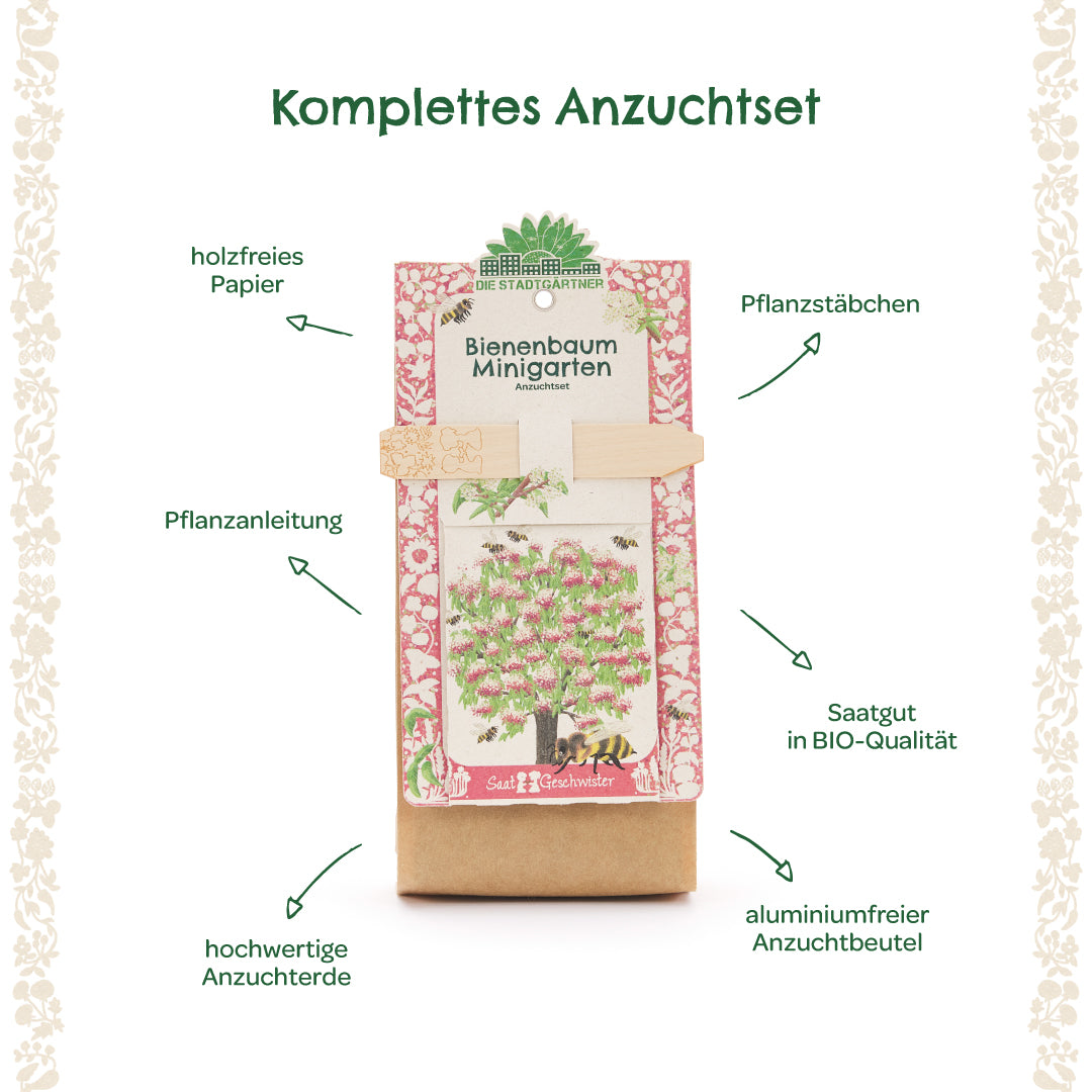 Komplettes Anzuchtset für Bienenbaum mit holzfreiem Papier, Pflanzstäbchen, Pflanzanleitung, hochwertiger Anzuchterde, Bio-Saatgut und aluminiumfreiem Anzuchtbeutel.