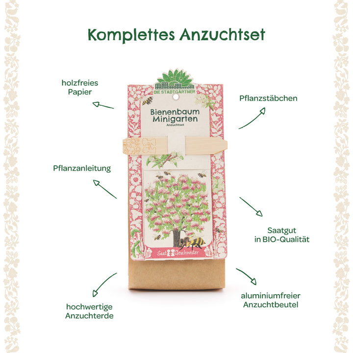 Komplettes Anzuchtset für Bienenbaum mit holzfreiem Papier, Pflanzstäbchen, Pflanzanleitung, hochwertiger Anzuchterde, Bio-Saatgut und aluminiumfreiem Anzuchtbeutel.