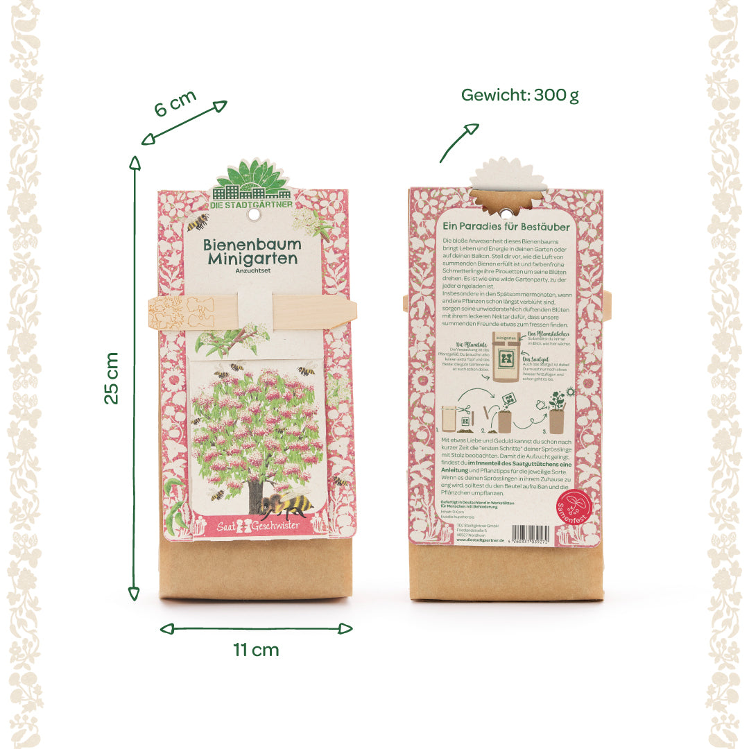 Zwei Verpackungen des Bienenbaum Minigarten Anzuchtsets, mit Maßen und Gewichtsbeschriftungen auf Deutsch sowie illustriertem Baum und Bienenmotiv auf der Vorderseite.