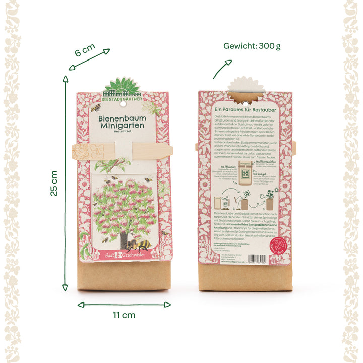 Zwei Verpackungen des Bienenbaum Minigarten Anzuchtsets, mit Maßen und Gewichtsbeschriftungen auf Deutsch sowie illustriertem Baum und Bienenmotiv auf der Vorderseite.