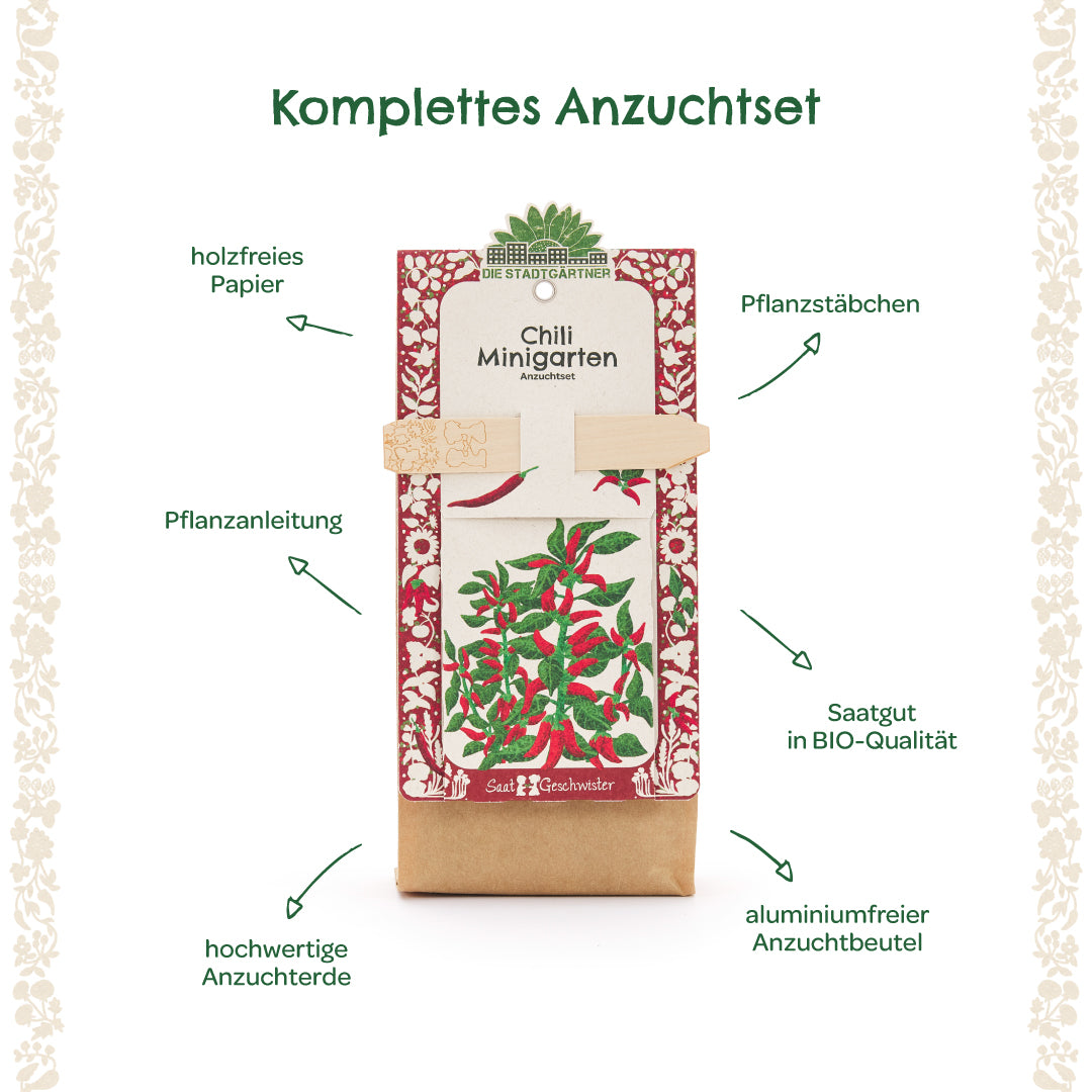 Komplettes Anzuchtset für Chili-Minimigarten mit Pflanzstab, Pflanzanleitung, Saatgut in Bio-Qualität, holzfreiem Papier, hochwertiger Anzuchterde und aluminiumfreiem Anzuchtbeutel.