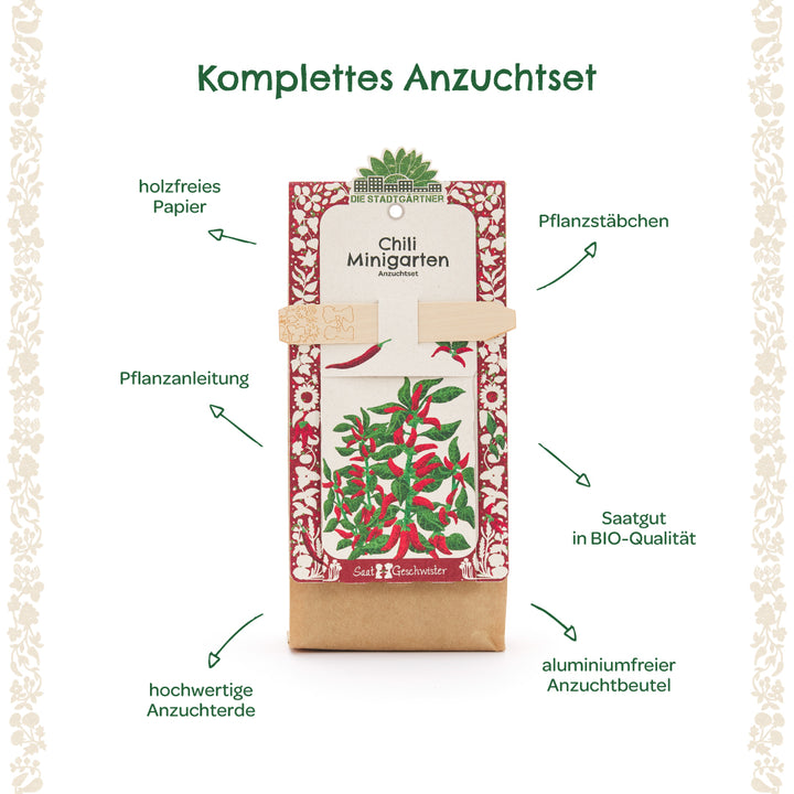 Komplettes Anzuchtset für Chili-Minimigarten mit Pflanzstab, Pflanzanleitung, Saatgut in Bio-Qualität, holzfreiem Papier, hochwertiger Anzuchterde und aluminiumfreiem Anzuchtbeutel.