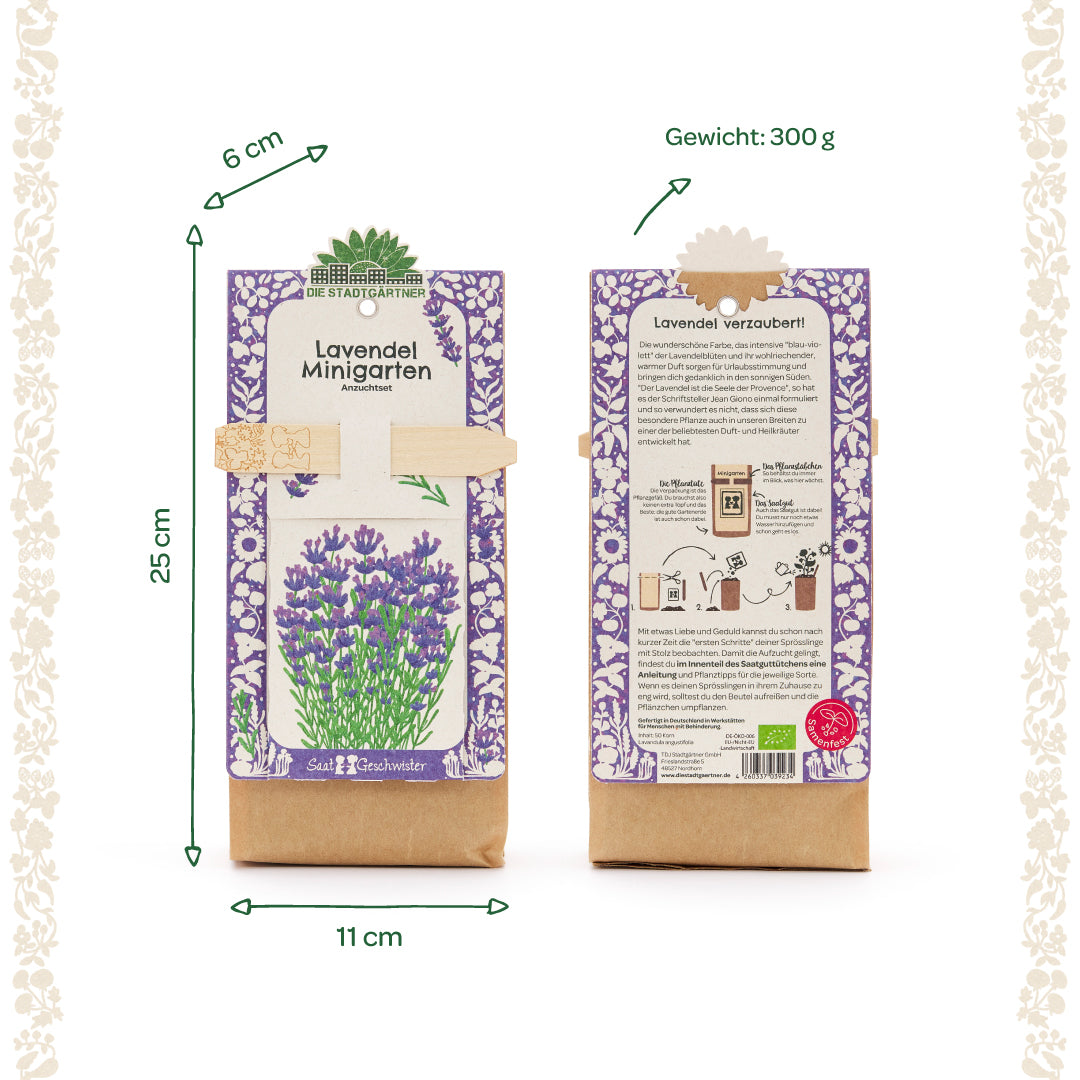 Zwei Tüten des "Lavendel Minigarten Anzuchtsets" von Die Stadtgärtner, eine von vorne mit Lavendelillustration und eine von hinten mit Anleitung und Beschreibung, Abmessungen und Gewicht sind angegeben.