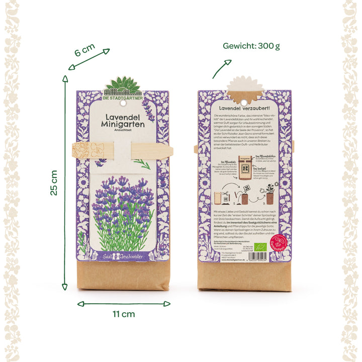Zwei Tüten des "Lavendel Minigarten Anzuchtsets" von Die Stadtgärtner, eine von vorne mit Lavendelillustration und eine von hinten mit Anleitung und Beschreibung, Abmessungen und Gewicht sind angegeben.