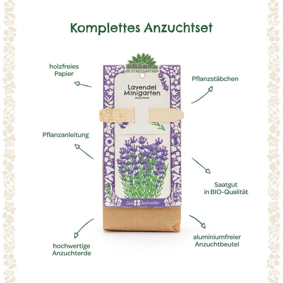 Komplettes Lavendel-Anzuchtset mit Pflanzanleitung, Pflanzstäbchen, Saatgut in Bio-Qualität, hochwertiger Anzuchterde, holzfreiem Papier und aluminiumfreiem Anzuchtbeutel.