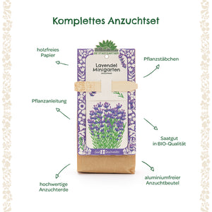 Komplettes Lavendel-Anzuchtset mit Pflanzanleitung, Pflanzstäbchen, Saatgut in Bio-Qualität, hochwertiger Anzuchterde, holzfreiem Papier und aluminiumfreiem Anzuchtbeutel.