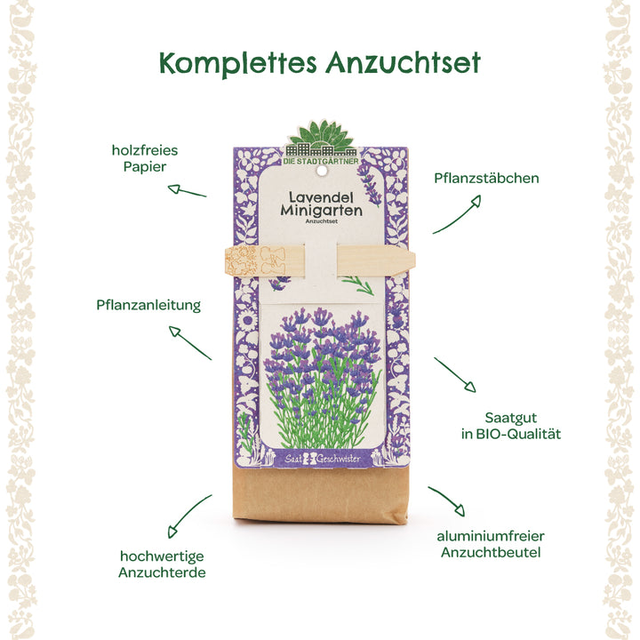 Komplettes Lavendel-Anzuchtset mit Pflanzanleitung, Pflanzstäbchen, Saatgut in Bio-Qualität, hochwertiger Anzuchterde, holzfreiem Papier und aluminiumfreiem Anzuchtbeutel.