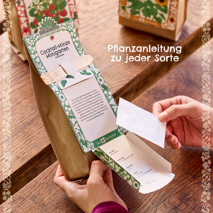 Person hält eine geöffnete Verpackung für einen Cocktail-Minze Minigarten mit Pflanzanleitung und Saatguttüte, auf einem Holztisch.