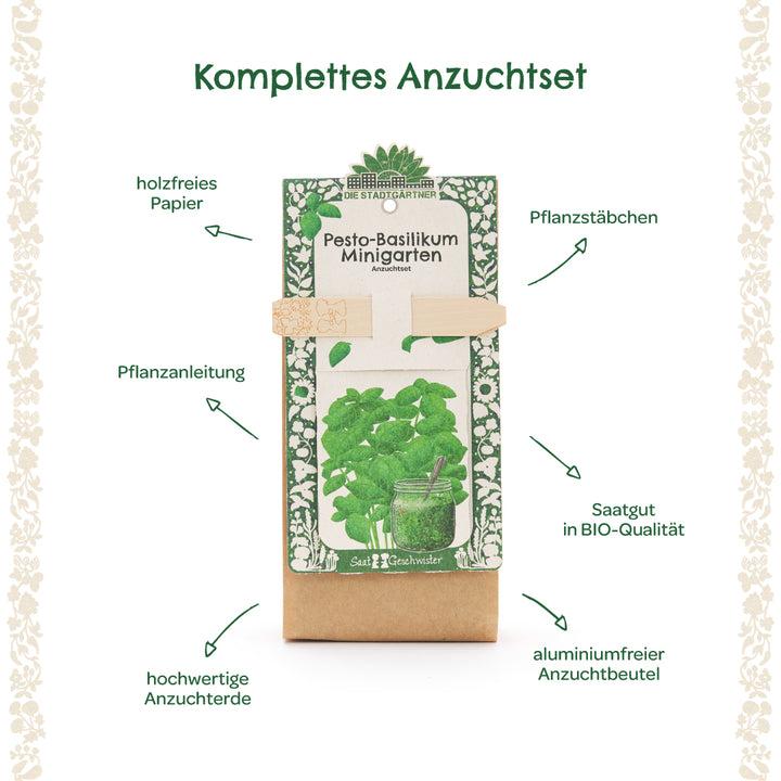 Komplettes Anzuchtset für Pesto-Basilikum mit Pflanzstäbchen, Saatsgut in Bio-Qualität, holzfreiem Papier, Pflanzanleitung, hochwertiger Anzuchterde und aluminiumfreiem Anzuchtbeutel.