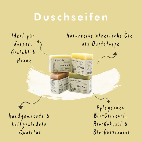 4-delige set douchezeep in een katoenen zak.
