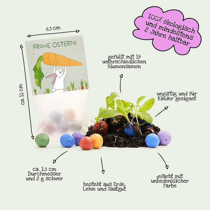 Tüte mit bunten Samenbomben, illustriert mit Osterhase und Karotte, verschiedene Beschriftungen zu Größe, Inhaltsstoffen, Nachhaltigkeit und Kindersicherheit auf Deutsch.