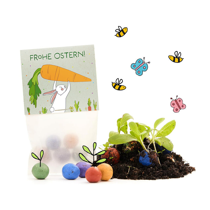 Ostergeschenk mit Saatkugeln, Keimlingen, gezeichneter Osterkarte mit Hase und Karotte, sowie bunten Bienen und Schmetterlingen.