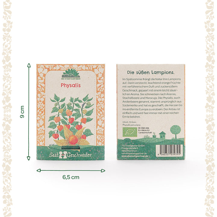 Zwei Päckchen Physalis-Samen von "Saat Geschwister" mit einer Illustration der Pflanze, Produktbeschreibung auf der Rückseite und Abmessungen 9 cm hoch und 6,5 cm breit.