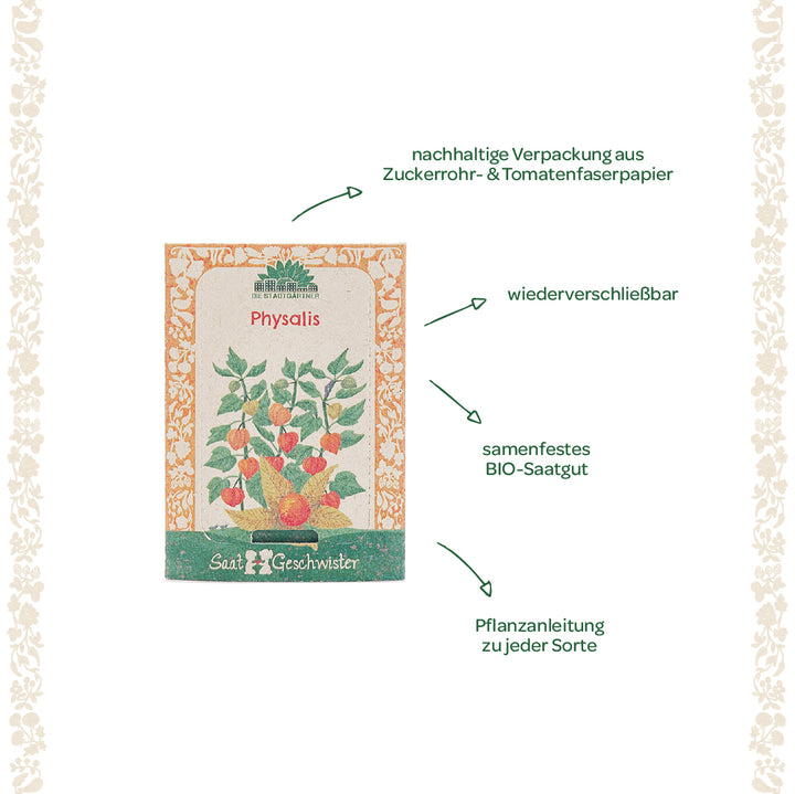 Saatgutverpackung für Physalis mit nachhaltiger Verpackung aus Zuckerrohr- und Tomatenfaserpapier, wiederverschließbar, samenfestes BIO-Saatgut und Pflanzanleitung.