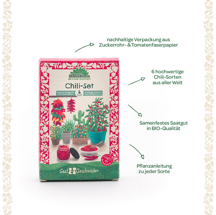 Chili-Set von Die Stadtgärtner in nachhaltiger Verpackung, mit Illustrationen verschiedener Chilipflanzen und Erklärungen zu hochwertigen Chilisamen, BIO-Qualität und Pflanzanleitung.