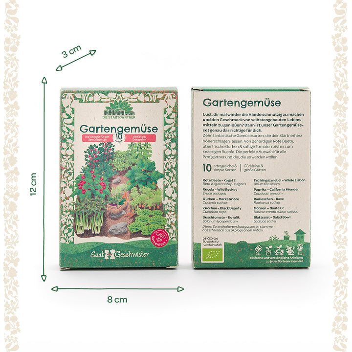 Zwei Packungen "Gartengemüse" Saatgut mit Maßangaben (12 cm hoch, 8 cm breit, 3 cm tief), Vorderseite mit Illustrationen von Gemüse, Rückseite mit Beschreibung und Sortenliste auf Deutsch.