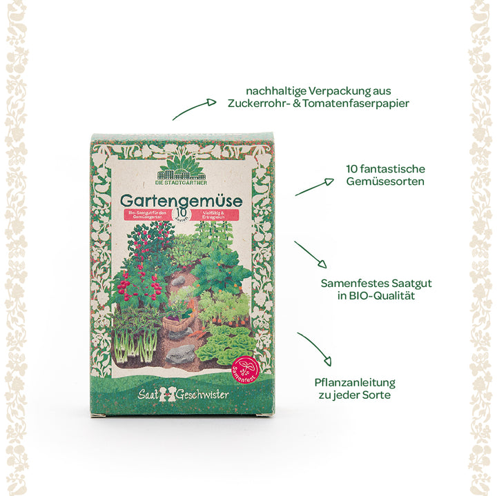 Verpackung für Gartengemüse-Saatgut von "Die Stadtgärtner" mit nachhaltiger Verpackung, 10 verschiedenen Gemüsesorten, samenfestem Bio-Saatgut und Pflanzanleitung zu jeder Sorte.