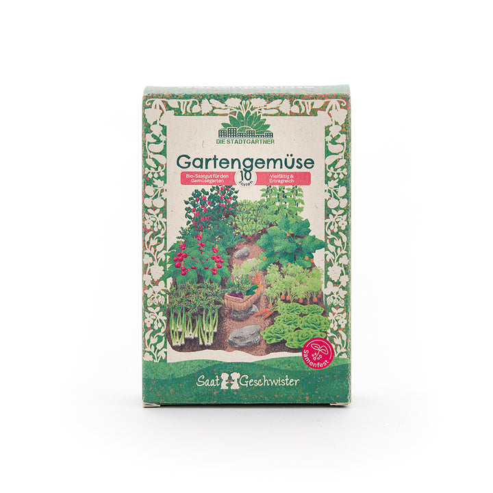 Paket mit Bio-Saatgut für Gartengemüse, illustriert mit verschiedenen Gemüsepflanzen und grünem dekorativen Rand.
