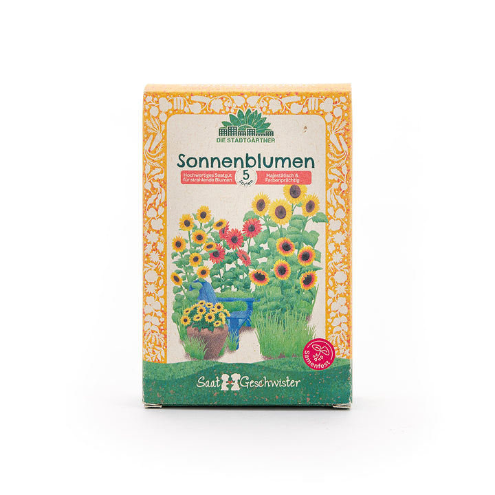 Paket Sonnenblumensamen mit farbenfrohem, illustriertem Bild von Sonnenblumen auf der Vorderseite und deutscher Beschriftung.