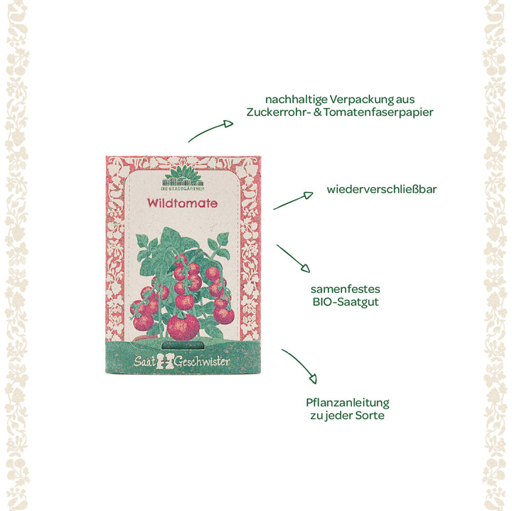 Saatgut-Tüte für Wildtomaten mit nachhaltig gestalteter Verpackung, Hinweisen zu BIO-Saatgut, Wiederverschließbarkeit und Pflanzanleitung, umgeben von floralen Verzierungen.