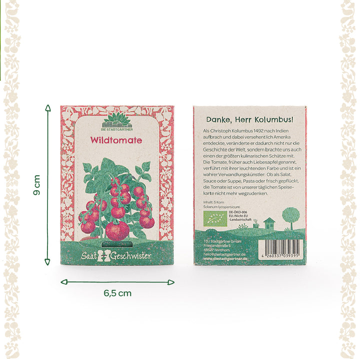 Zwei Packungen Wildtomatensamen von "Die Stadtgärtner" mit Maßangaben 9 cm hoch und 6,5 cm breit, Vorderseite mit Illustration der Pflanze, Rückseite mit Beschreibungstext.