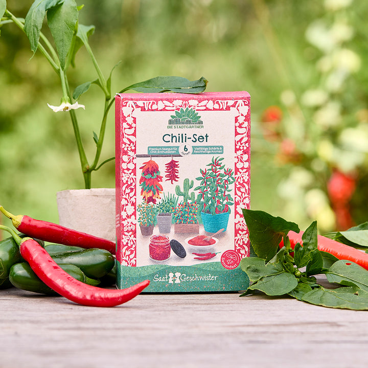 Paket mit Chili-Set-Saatgut steht auf einem Holztisch, umgeben von frischen Chilis und grünen Blättern, im Hintergrund unscharfe Gartenlandschaft.