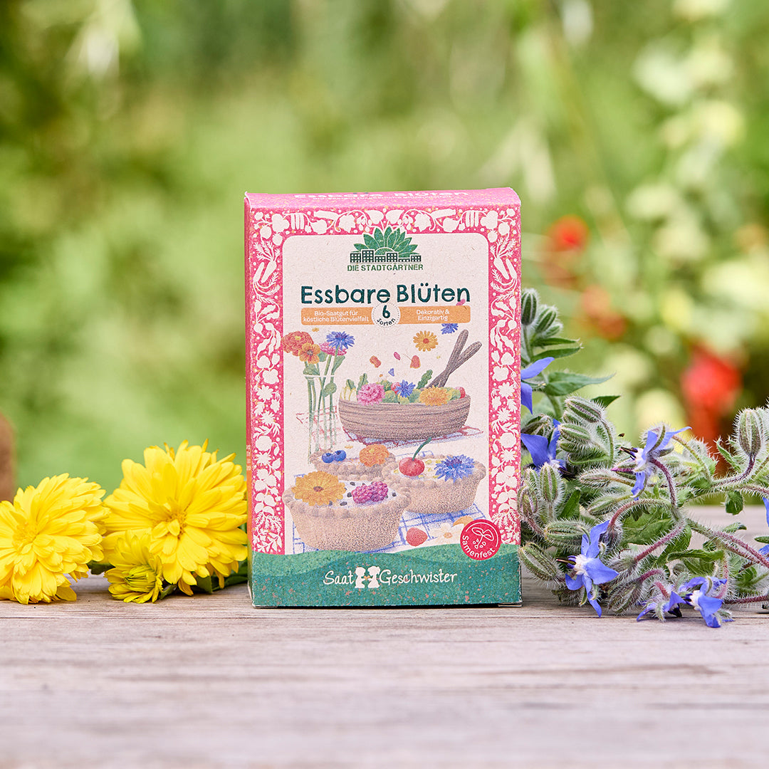 Samenpackung mit der Aufschrift "Essbare Blüten" steht auf einem Holztisch, umgeben von gelben und lilafarbenen Blüten, unscharfer grüner Hintergrund.
