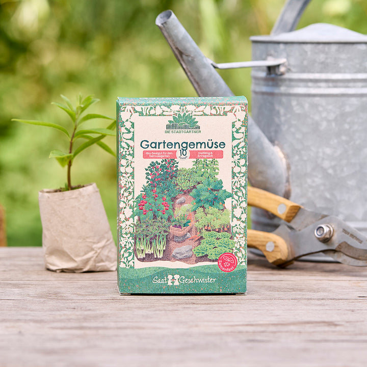 Packung Gartengemüse-Saatgut auf einem Holztisch, daneben eine kleine Pflanze, eine Gießkanne und eine Gartenschere im Hintergrund.