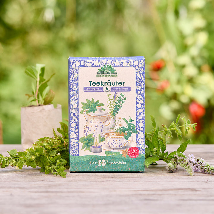 Eine Packung „Teekräuter“ steht auf einem Holztisch im Freien, umgeben von frischen Kräutern mit verschwommenem Gartenhintergrund.