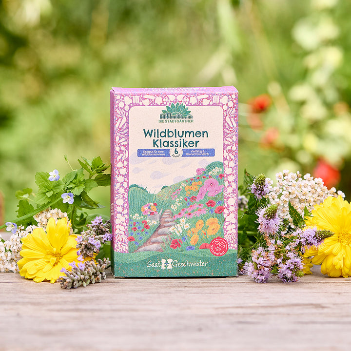 Eine Packung „Wildblumen Klassiker“ Saatgut mit buntem, blumigem Design steht auf einem Holztisch, umgeben von verschiedenen frischen Wildblumen, im Hintergrund unscharfe grüne Natur.
