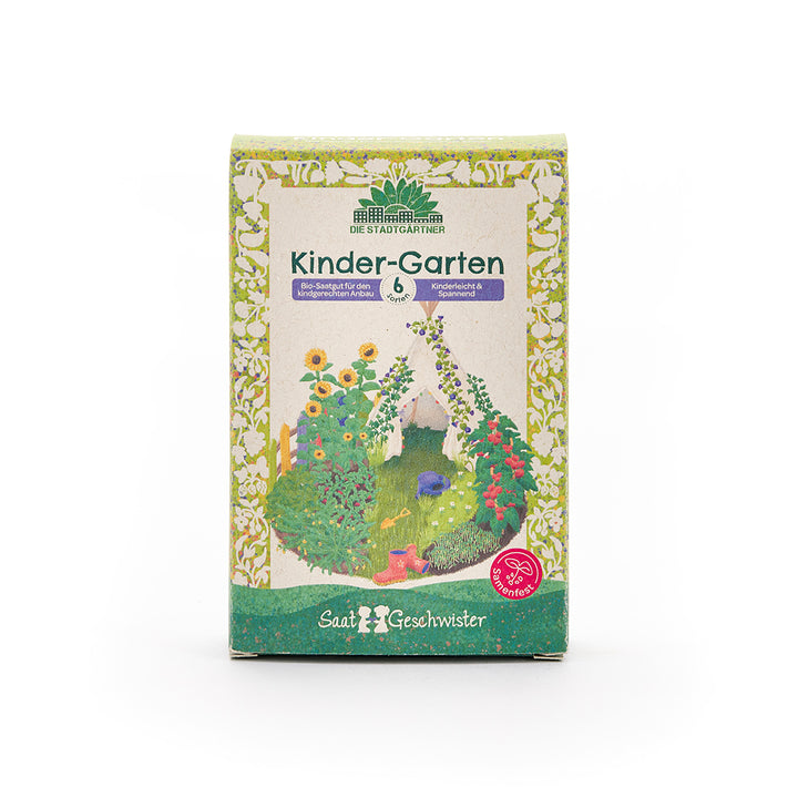 Paket „Kinder-Garten“ von Die Stadtgärtner mit buntem, kindgerechtem Gartendesign und Blumenillustrationen auf der Vorderseite.