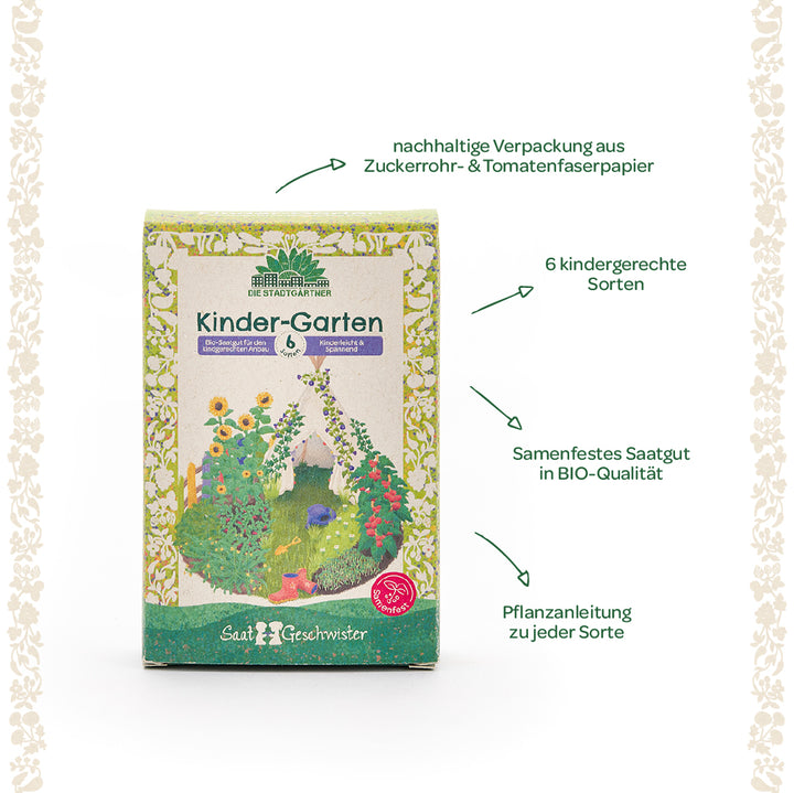 Verpackung eines Bio-Saatgut-Sets namens „Kinder-Garten“ mit kindgerechten Sorten, nachhaltiger Verpackung und Pflanzanleitung, umgeben von erklärenden Texten auf Deutsch.