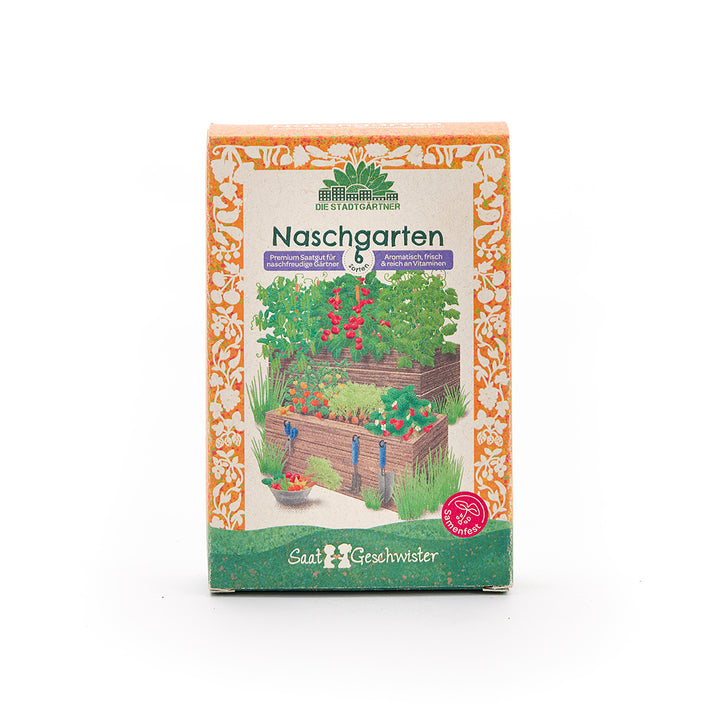 Packung "Naschgarten" von Die Stadtgärtner, mit einer bunten Illustration von Hochbeeten mit verschiedenen Kräutern und Gemüse, umgeben von einem orange-gelben Blumendekor.